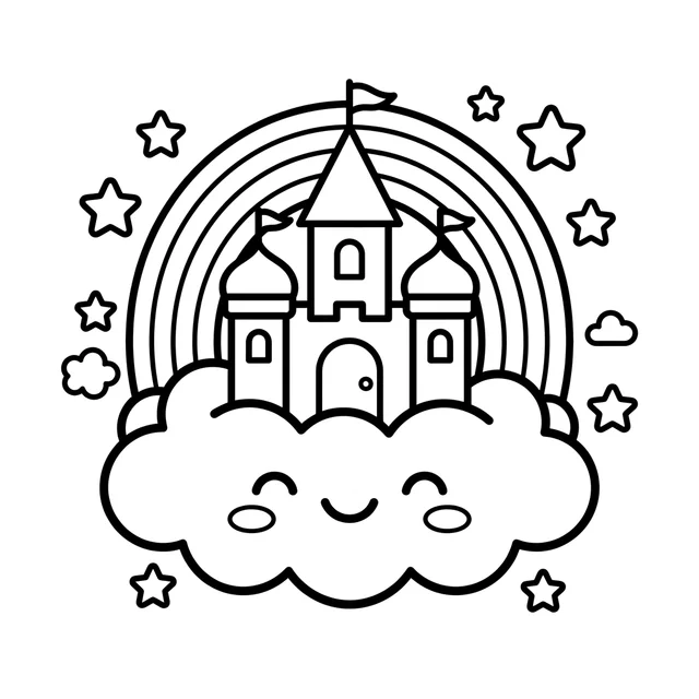 Kawaii castle coloring page with a castle on a smiling cloud beneath a rainbow and stars