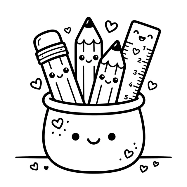 Kawaii school supplies coloring page with smiling pencils and a ruler in a happy pencil cup