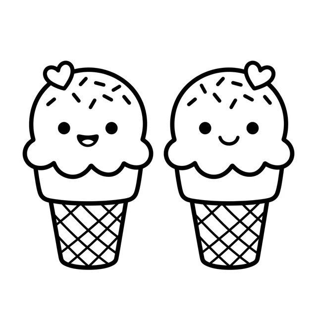 Kawaii ice cream coloring page with two smiling cones topped with sprinkles and hearts