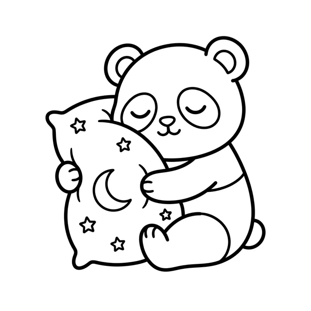 Kawaii panda coloring page with a sleepy panda hugging a moon-and-star pillow