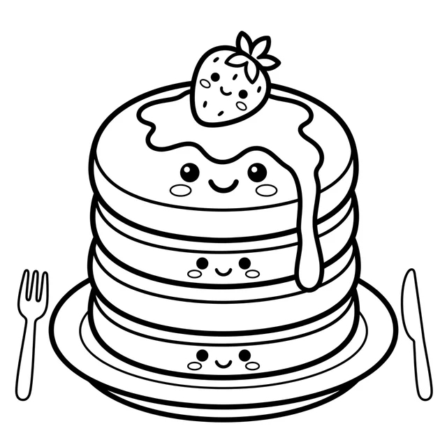 Kawaii pancake coloring page with a smiling stack topped with syrup and a strawberry