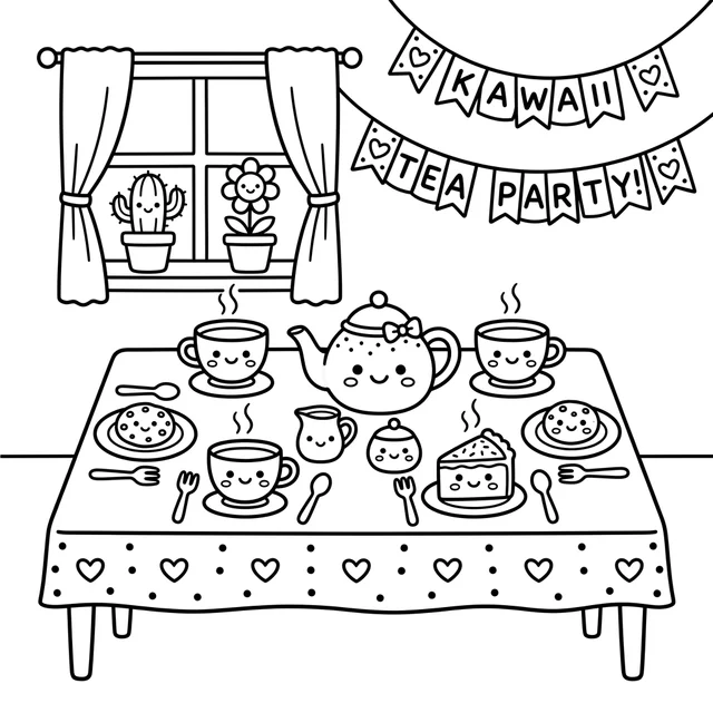 Kawaii tea party coloring page with smiling cups, a teapot and treats beneath a party banner