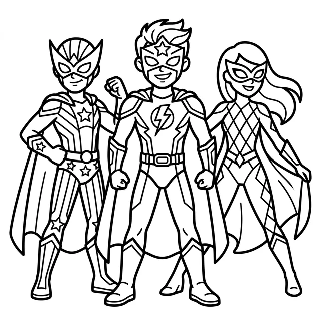 K-pop fantasy coloring page with three masked heroes wearing capes and patterned costumes