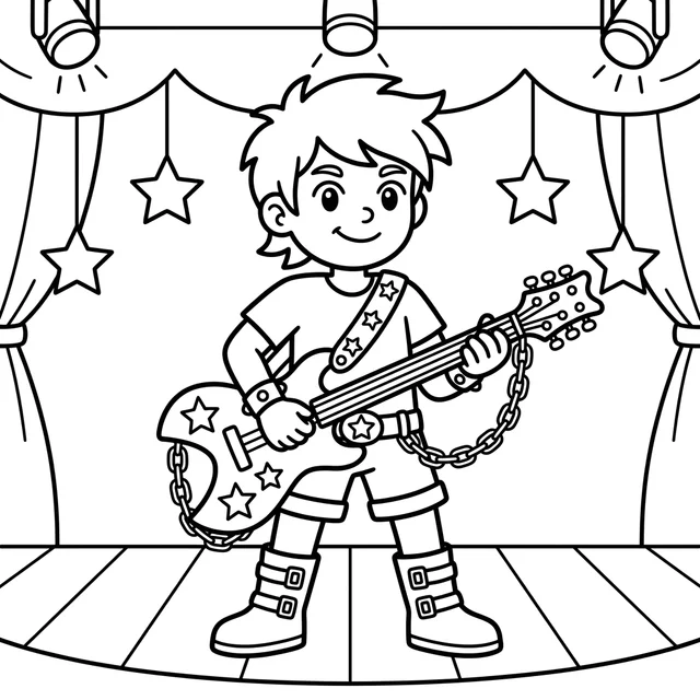 K-pop guitar coloring page with a young musician playing a star-decorated guitar on stage