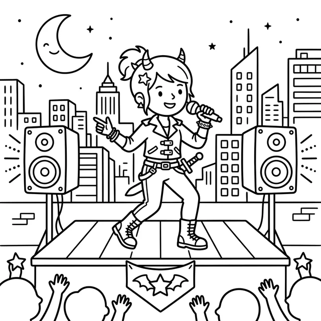 K-pop rooftop concert coloring page with a singer, speakers and a city skyline beneath the moon