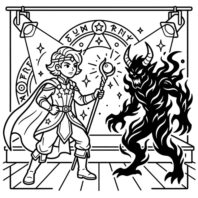 K-pop demon hunter coloring page with a caped hero facing a shadow monster on stage