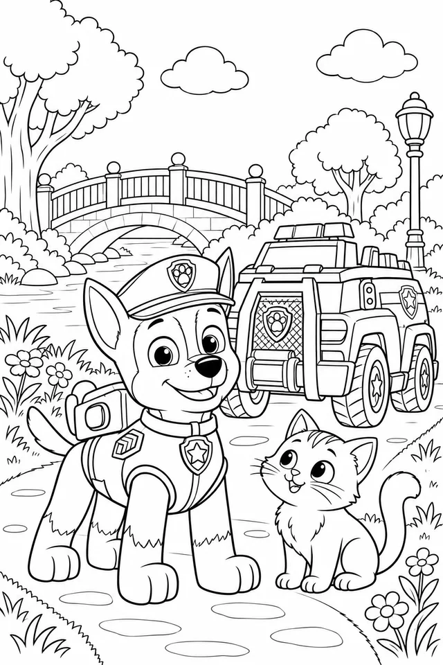 Chase and his rescue truck meet a kitten beside a little park bridge. Black-and-white Paw Patrol coloring page.