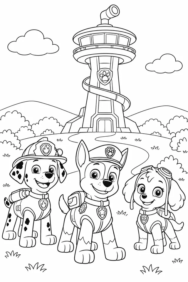 Chase, Marshall and Skye gather in front of the Lookout tower. Black-and-white Paw Patrol coloring page.