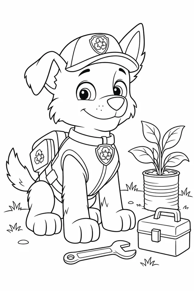 Rocky sits with his toolbox, a wrench and a plant in a reused pot. Black-and-white Paw Patrol coloring page.