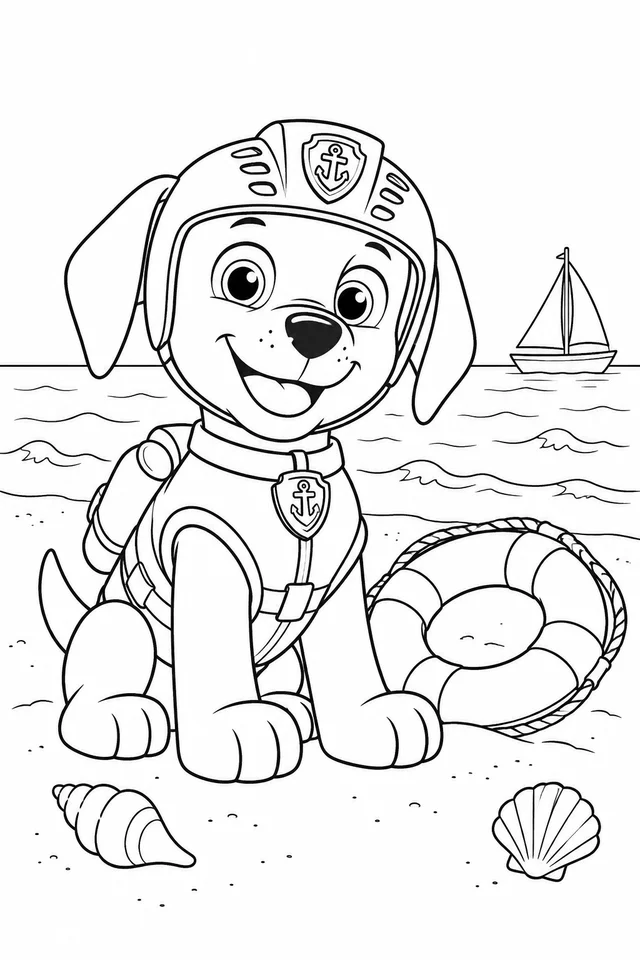 Zuma waits beside a life ring on a beach with seashells and gentle waves. Black-and-white Paw Patrol coloring page.