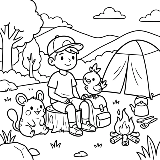 Pokemon-inspired coloring page with a young trainer and friendly creatures beside a tent and campfire