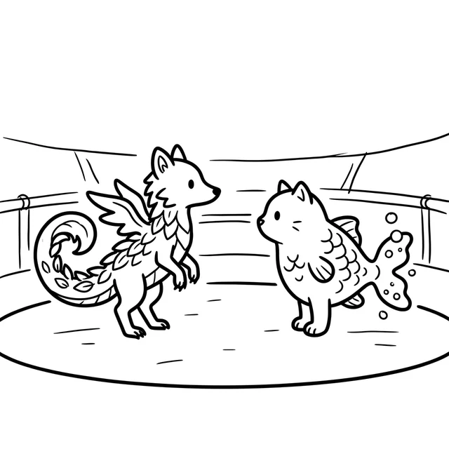 Pokemon-inspired battle coloring page with two fantasy creatures facing each other in an arena
