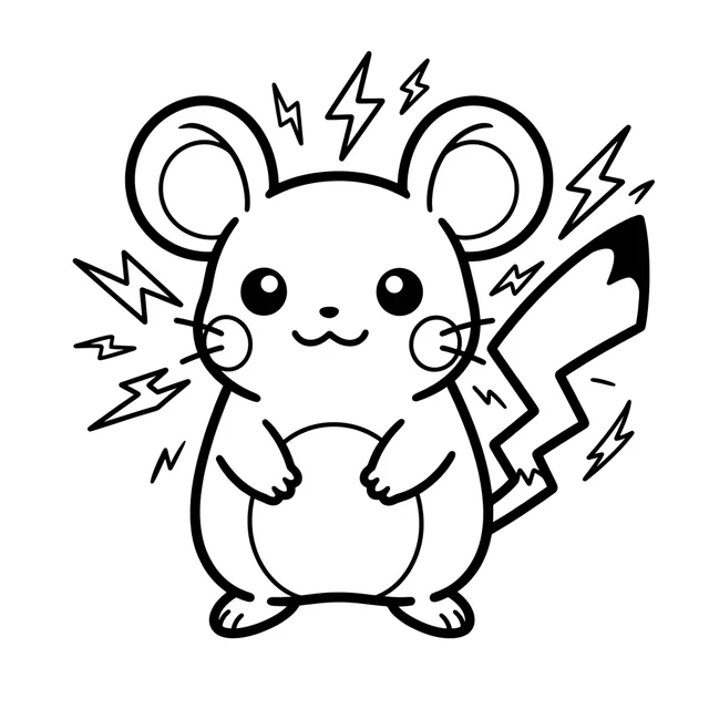 Pokemon-inspired coloring page with a smiling electric mouse and lightning bolts