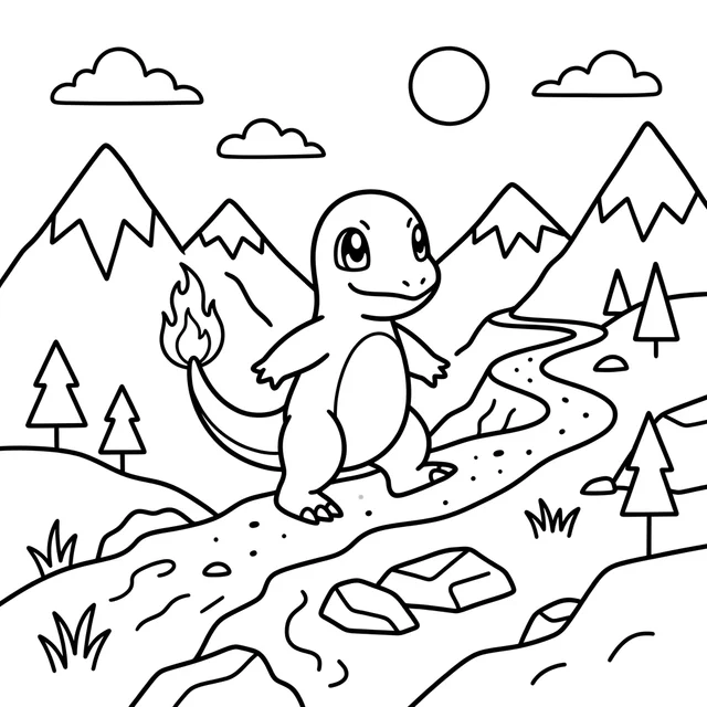 Pokemon-inspired coloring page with a fire-tailed lizard beside a mountain stream