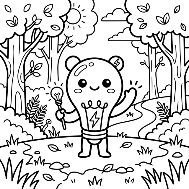 Pokemon-inspired coloring page with a waving mascot on a forest path