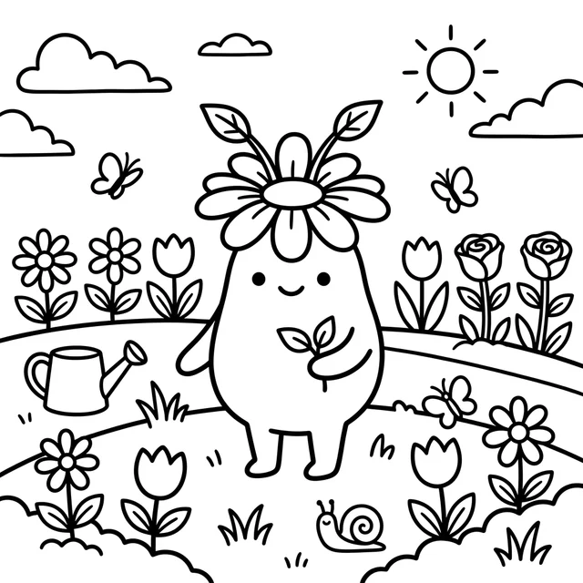 Pokemon-inspired coloring page with a leafy flower creature in a sunny garden