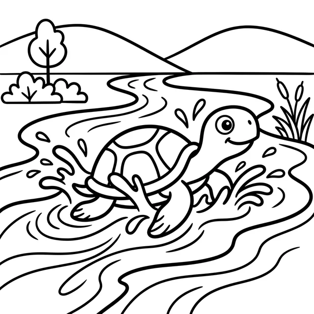 Pokemon-inspired coloring page with a turtle splashing through a winding river