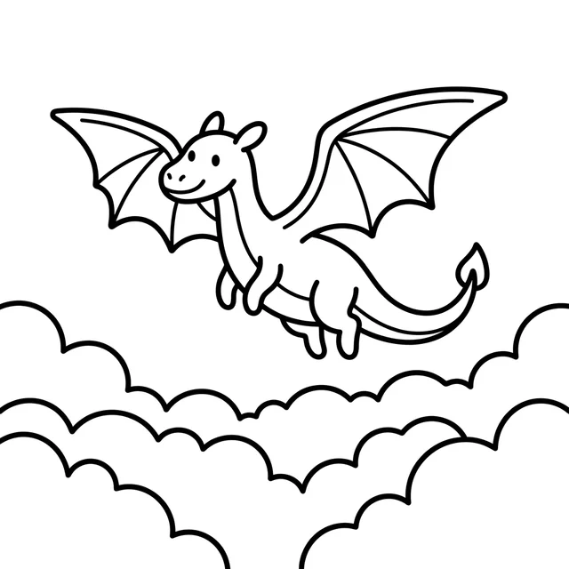Pokemon-inspired coloring page with a smiling winged dragon flying above clouds