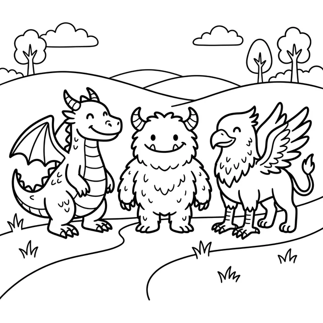 Pokemon-inspired coloring page with three fantasy creatures standing together in a field