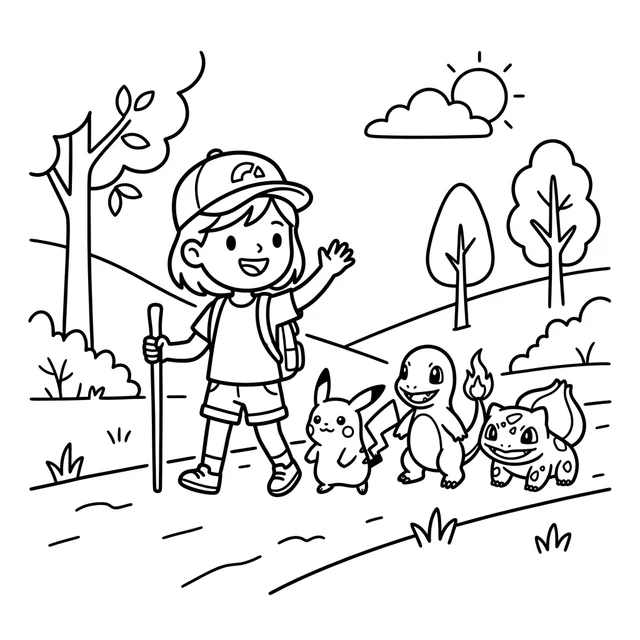 Pokemon-inspired coloring page with a young trainer and three small creature companions