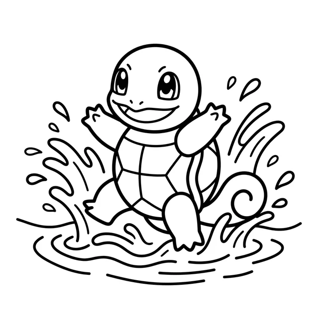 Pokemon-inspired coloring page with a smiling turtle splashing in water