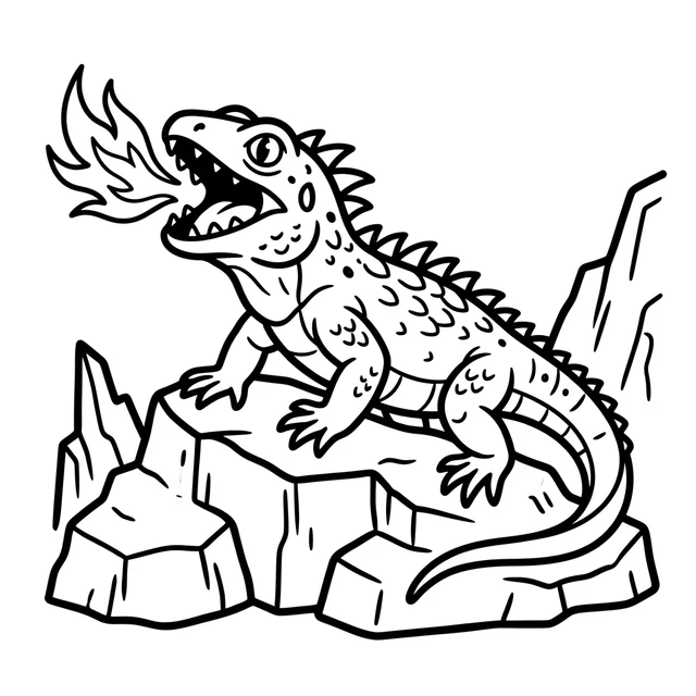 Pokemon-inspired coloring page with a fire-breathing lizard standing on jagged rocks