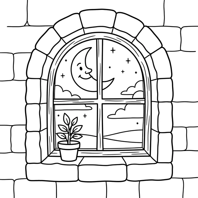 Fairy-tale castle coloring page with an arched window overlooking a crescent moon and stars