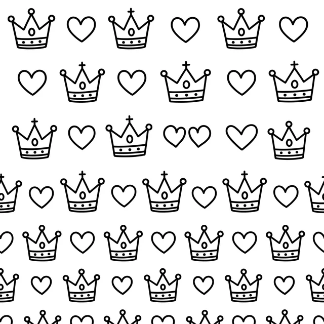 Easy princess crown coloring page with rows of jeweled crowns and hearts