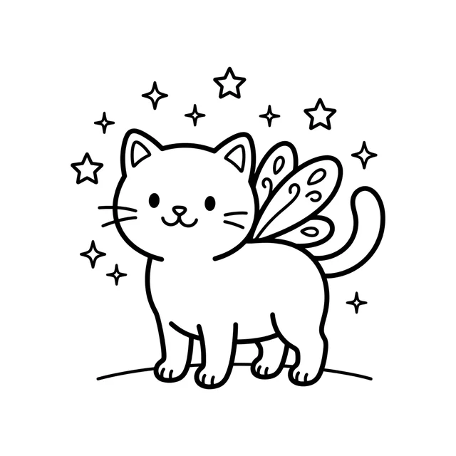 Fairy kitten coloring page with a winged kitten surrounded by stars and sparkles