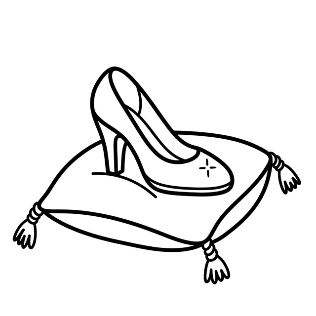 Fairy-tale glass slipper coloring page with a high-heeled shoe resting on a cushion