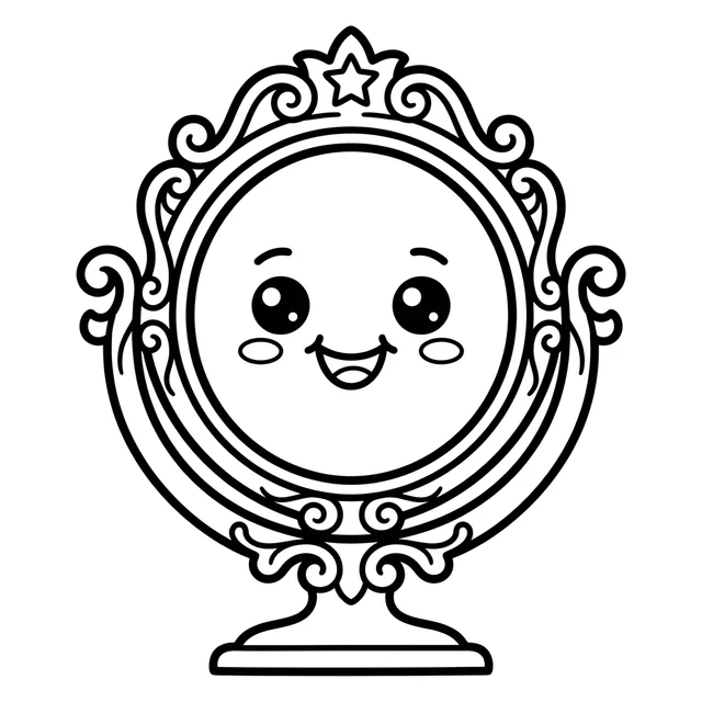 Magic mirror coloring page with a smiling face inside an ornate star-topped frame