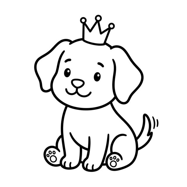 Royal puppy coloring page with a sitting puppy wearing a crown
