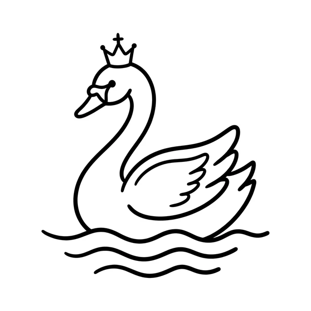 Royal swan coloring page with a crowned swan floating on gentle waves