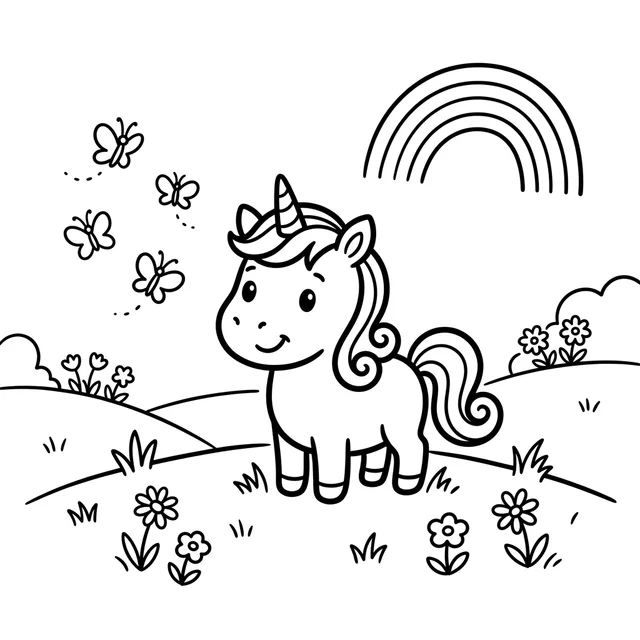 A tiny unicorn in a meadow with butterflies and flowers. Black-and-white unicorn coloring page.