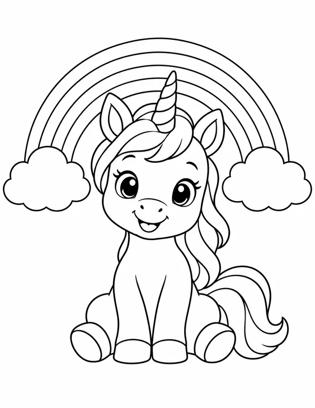 A sitting baby unicorn with a rainbow and fluffy clouds. Black-and-white unicorn coloring page.
