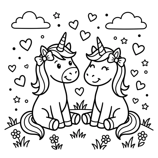 Two friendly unicorns sit together with hearts and stars. Black-and-white unicorn coloring page.