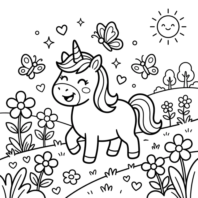 A smiling unicorn in a flower garden with butterflies. Black-and-white unicorn coloring page.