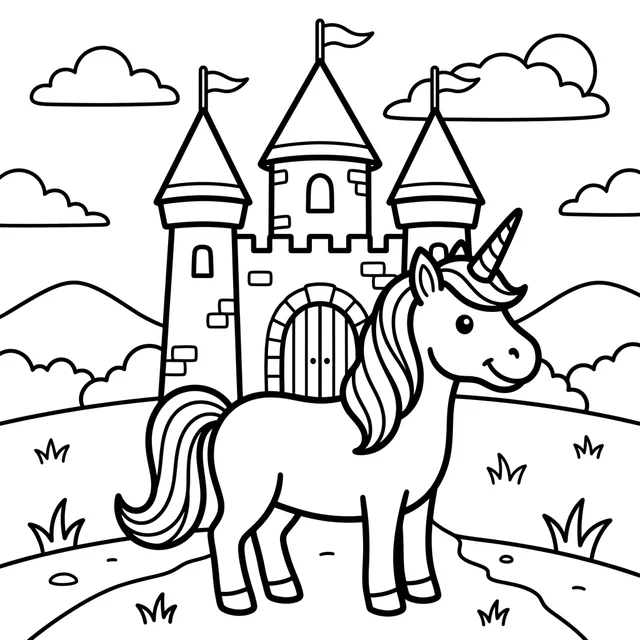 Unicorn coloring page with a unicorn standing in front of a tall fairy-tale castle