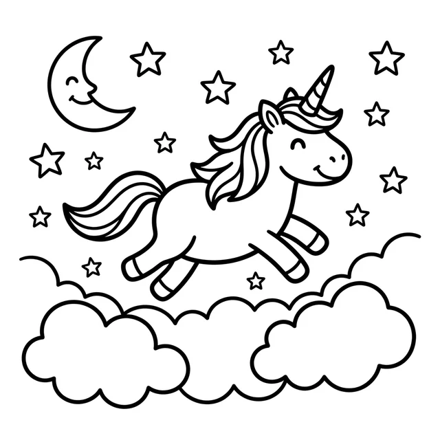 Unicorn coloring page with a leaping unicorn above clouds beneath stars and a crescent moon
