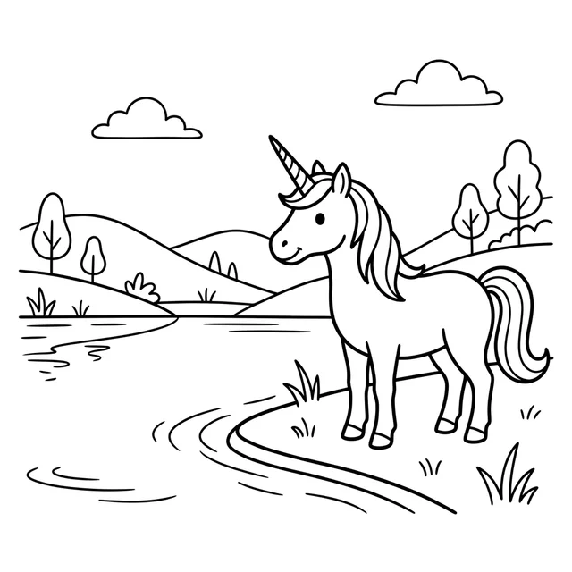 Unicorn coloring page with a unicorn beside a quiet lake, hills and trees