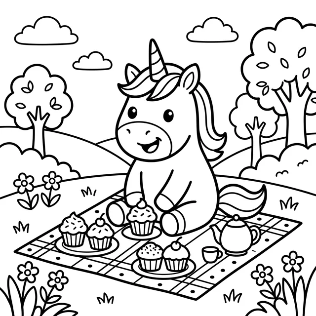 Unicorn coloring page with a smiling unicorn enjoying cupcakes on a picnic blanket