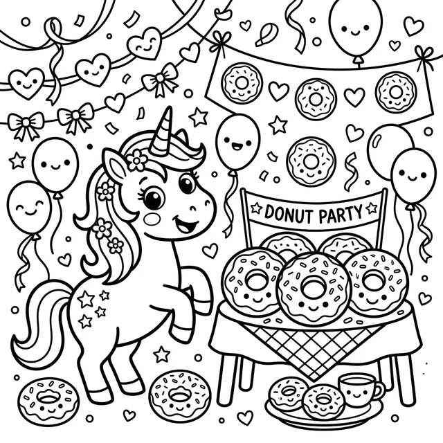 A cheerful unicorn celebrates with donuts and sweet treats. Black-and-white unicorn coloring page.