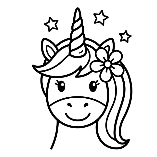 A large unicorn face with a simple mane, a flower and stars. Black-and-white unicorn coloring page.