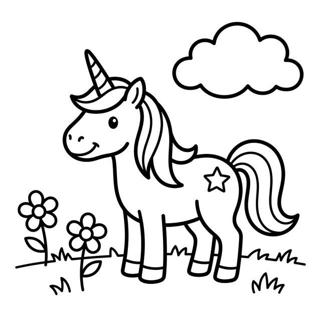 A unicorn in a simple meadow with flowers and a cloud. Black-and-white unicorn coloring page.