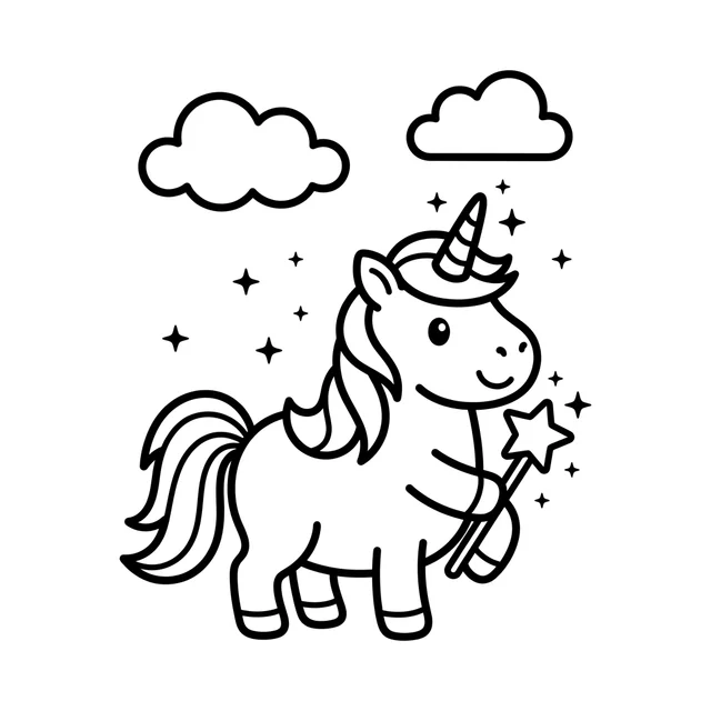 Easy unicorn coloring page with a standing unicorn holding a star wand among sparkles
