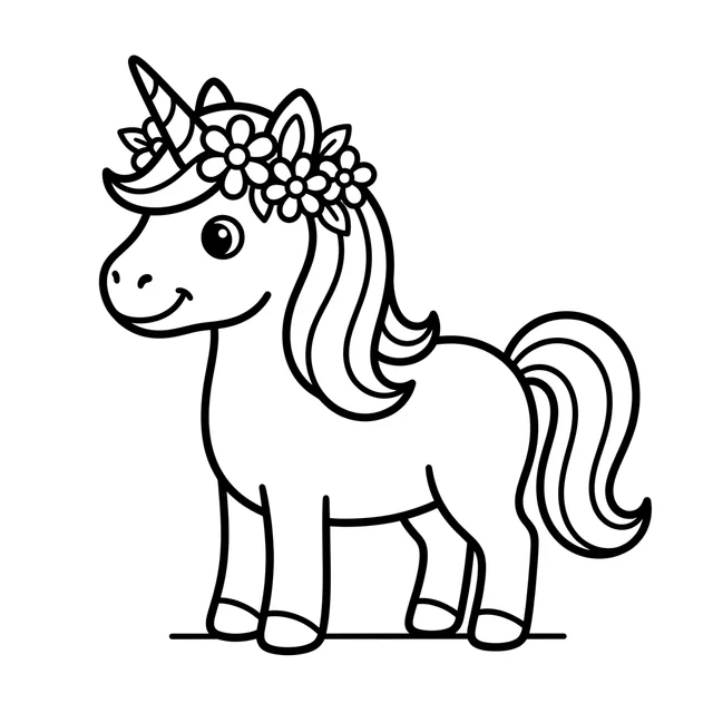 Unicorn coloring page with a unicorn wearing a flower crown above its flowing mane