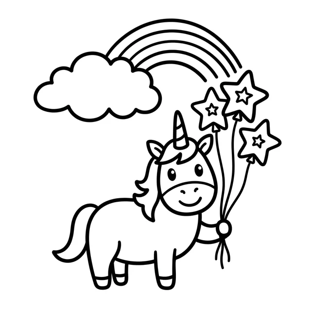 Unicorn coloring page with a unicorn holding star-shaped balloons beneath a rainbow
