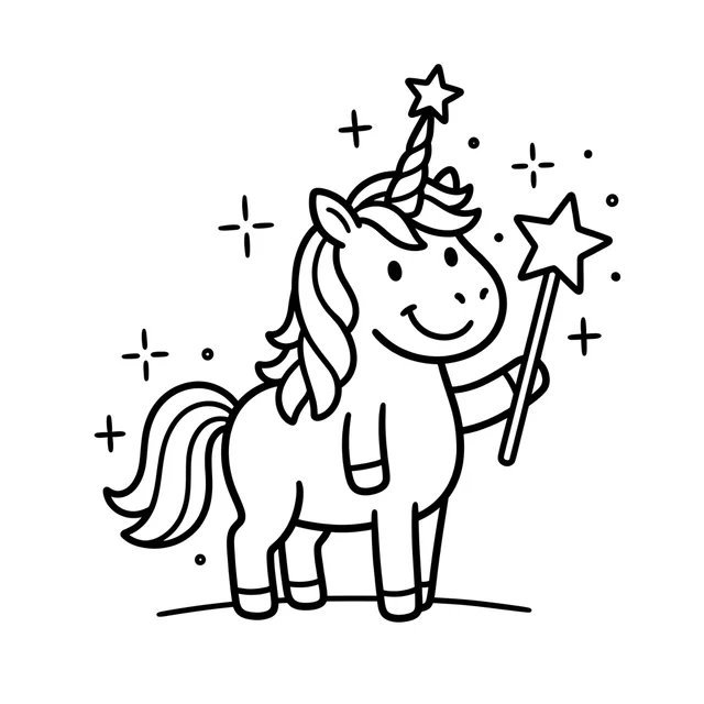A smiling unicorn with a star wand and a few sparkles. Black-and-white unicorn coloring page.