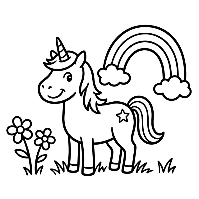 Unicorn coloring page with a smiling unicorn among flowers beneath a rainbow