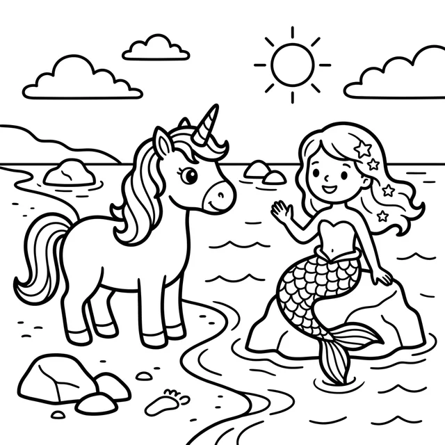 Unicorn and mermaid coloring page with two friends meeting beside the water